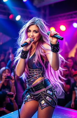 A vibrant and dynamic scene featuring a female model and singer performing on stage