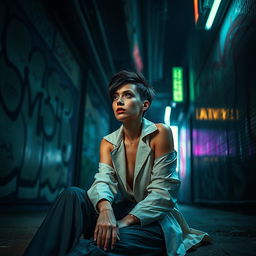 An artistic depiction inspired by the title 'Não ao Amor', featuring a thought-provoking scene of a model sitting alone in a dimly lit urban environment