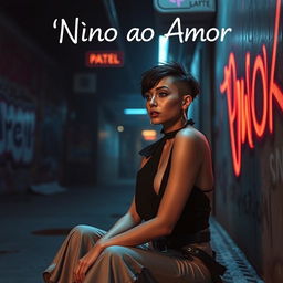 An artistic depiction inspired by the title 'Não ao Amor', featuring a thought-provoking scene of a model sitting alone in a dimly lit urban environment