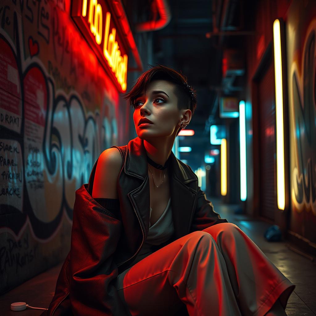 An artistic depiction inspired by the title 'Não ao Amor', featuring a thought-provoking scene of a model sitting alone in a dimly lit urban environment