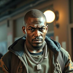 A tall, light-skinned Black male with a commanding presence, dressed in urban clothing that reflects a tough, street-smart style