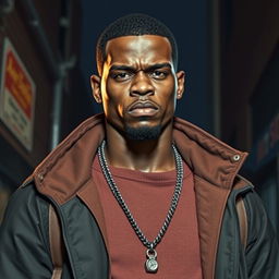 A tall, light-skinned Black male with a commanding presence, dressed in urban clothing that reflects a tough, street-smart style