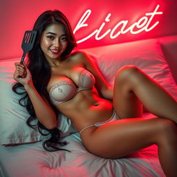 A stunning Thai girl with long, slender legs and a defined navel, lying on a plush bed illuminated by vibrant neon dim light