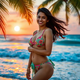 A stunning beach scene featuring Kalyani Priyadarshan wearing a stylish bikini, showcasing her confident and vibrant personality