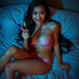 A beautiful Thai girl with long, slender legs and a defined navel, lying on a plush bed illuminated by soft neon blue dim light