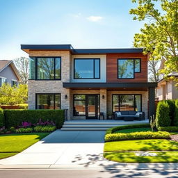 A stunning modern luxury house located in a middle-class suburban neighborhood