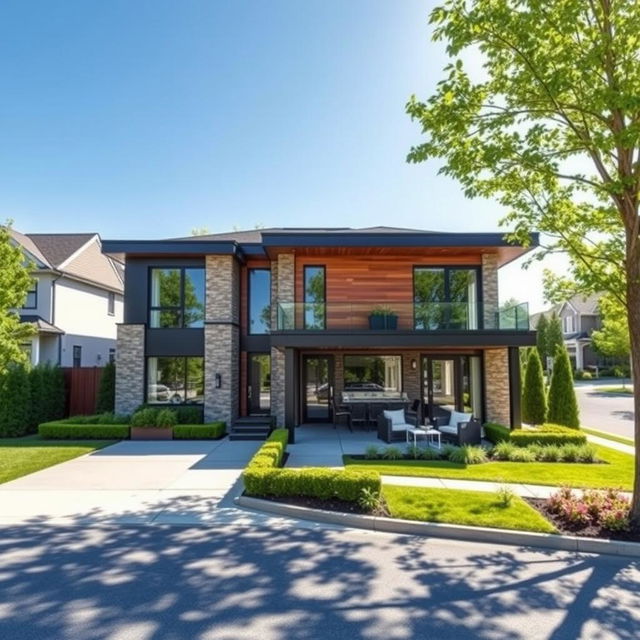 A stunning modern luxury house located in a middle-class suburban neighborhood