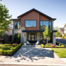 A stunning modern luxury house located in a middle-class suburban neighborhood