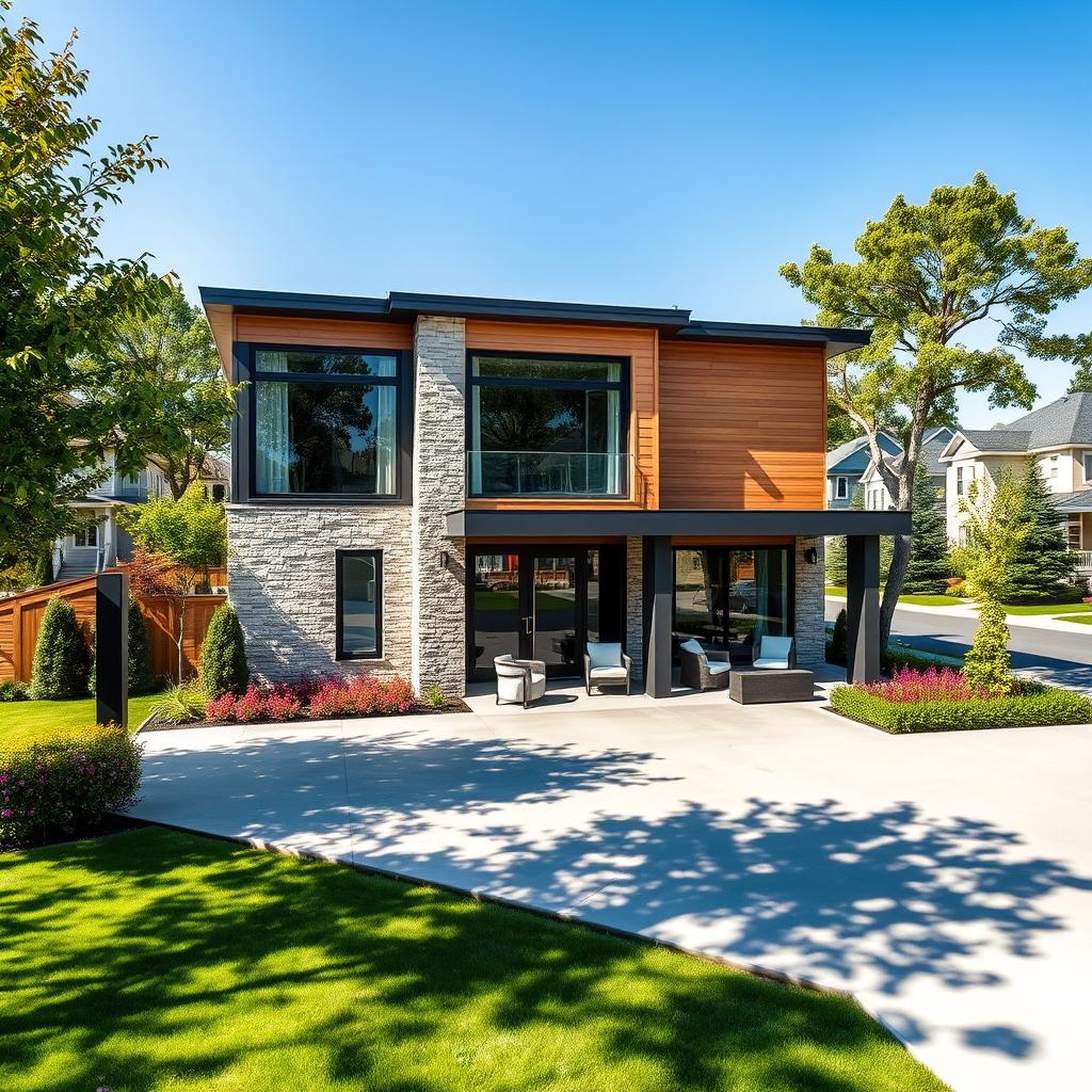 A stunning modern luxury house located in a middle-class suburban neighborhood