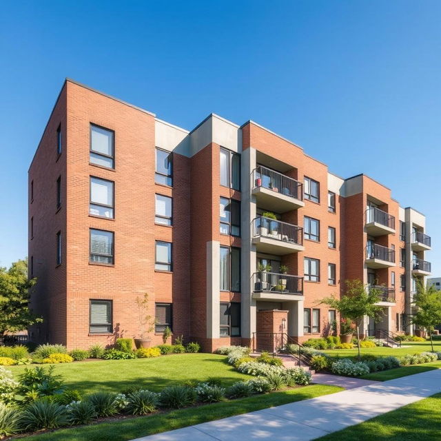 A low-rise middle class apartment building, designed with a modern yet simple aesthetic