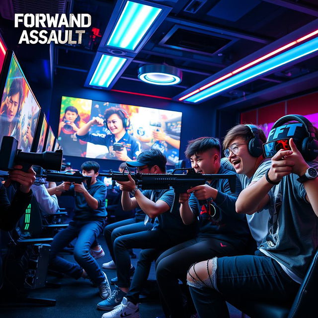 A dynamic scene featuring a group of gamers engaged in an intense shooting game session, inspired by Forward Assault