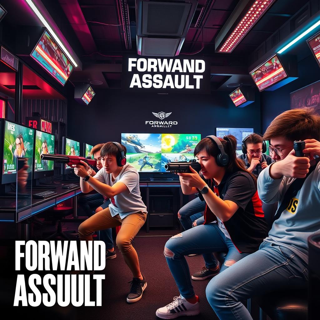 A dynamic scene featuring a group of gamers engaged in an intense shooting game session, inspired by Forward Assault