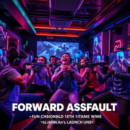 A dynamic scene featuring a group of gamers engaged in an intense shooting game session, inspired by Forward Assault