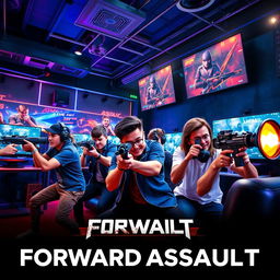 A dynamic scene featuring a group of gamers engaged in an intense shooting game session, inspired by Forward Assault