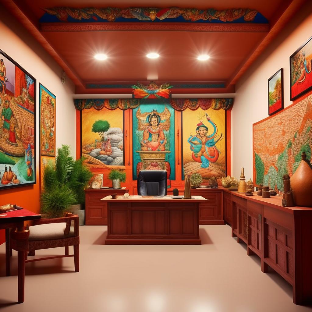 A moderately decorated chief's office on a campus with a Nepali theme. The office should feature cool colors, wall pictures showcasing Nepali culture and a simple interior design.