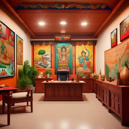 A moderately decorated chief's office on a campus with a Nepali theme. The office should feature cool colors, wall pictures showcasing Nepali culture and a simple interior design.