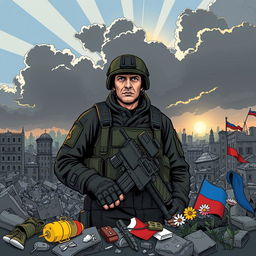 A powerful and poignant illustration depicting the somber reality of the Russia-Ukraine conflict