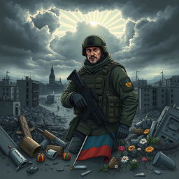 A powerful and poignant illustration depicting the somber reality of the Russia-Ukraine conflict