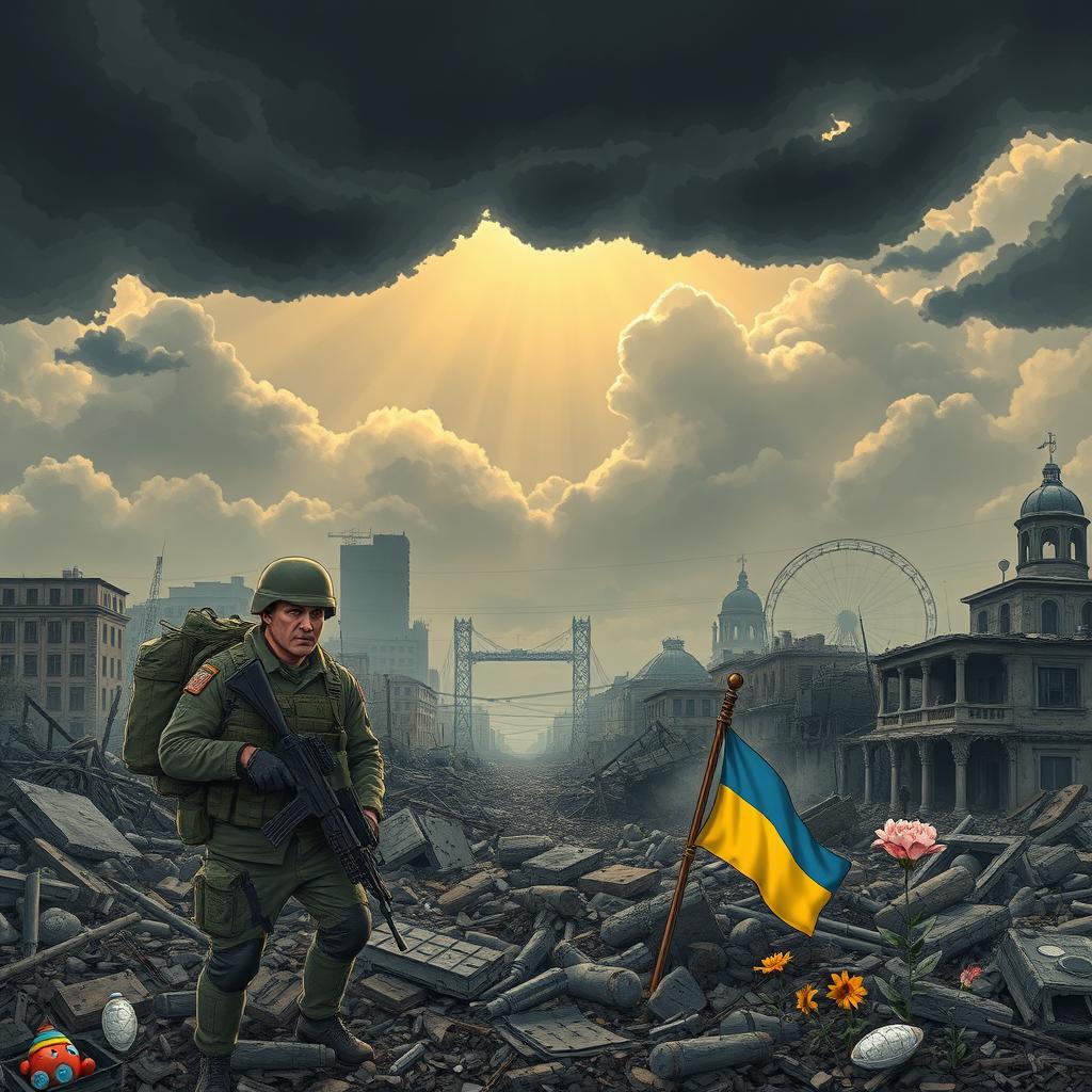 A powerful and poignant illustration depicting the somber reality of the Russia-Ukraine conflict