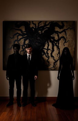 Four main characters, two male and two female, their bodies depicted in all black shadows, creating an enigmatic and mysterious atmosphere