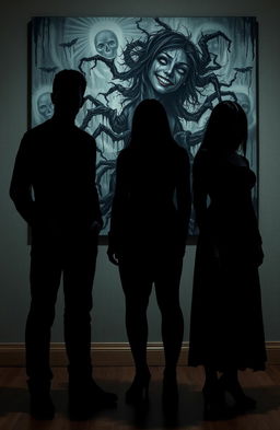 Four main characters, two male and two female, their bodies depicted in all black shadows, creating an enigmatic and mysterious atmosphere