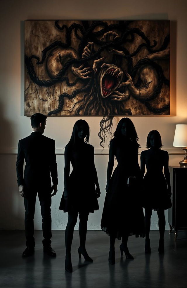 Four main characters, two male and two female, their bodies depicted in all black shadows, creating an enigmatic and mysterious atmosphere