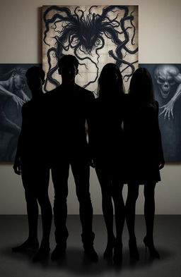 Four main characters, two male and two female, their bodies depicted in all black shadows, creating an enigmatic and mysterious atmosphere