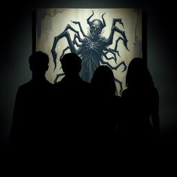 Four main characters, two male leads and two female leads, depicted as silhouettes in all black shadows, enhancing the sense of mystery