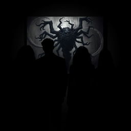 Four main characters, two male leads and two female leads, depicted as silhouettes in all black shadows, enhancing the sense of mystery