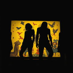 Four main characters, featuring two male leads and two female leads, their bodies rendered in all black shadows to evoke a sense of mystery