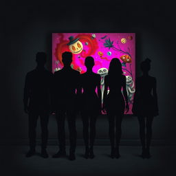 Four main characters, featuring two male leads and two female leads, their bodies rendered in all black shadows to evoke a sense of mystery