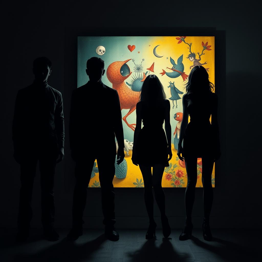 Four main characters, featuring two male leads and two female leads, their bodies rendered in all black shadows to evoke a sense of mystery