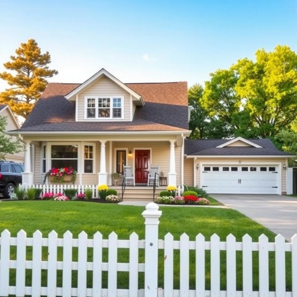 A charming suburban middle-class house, featuring a classic American architectural style