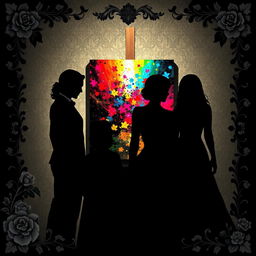Four main characters: two male leads and two female leads, all depicted as black shadows, creating a striking silhouette effect