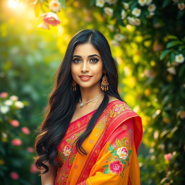 A stunning Indian woman in a vibrant, colorful traditional outfit, featuring intricate embroidery and vibrant patterns, glowing skin, long flowing black hair cascading down her back, striking hazel eyes, and a confident smile