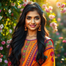 A stunning Indian woman in a vibrant, colorful traditional outfit, featuring intricate embroidery and vibrant patterns, glowing skin, long flowing black hair cascading down her back, striking hazel eyes, and a confident smile