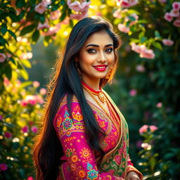 A stunning Indian woman in a vibrant, colorful traditional outfit, featuring intricate embroidery and vibrant patterns, glowing skin, long flowing black hair cascading down her back, striking hazel eyes, and a confident smile