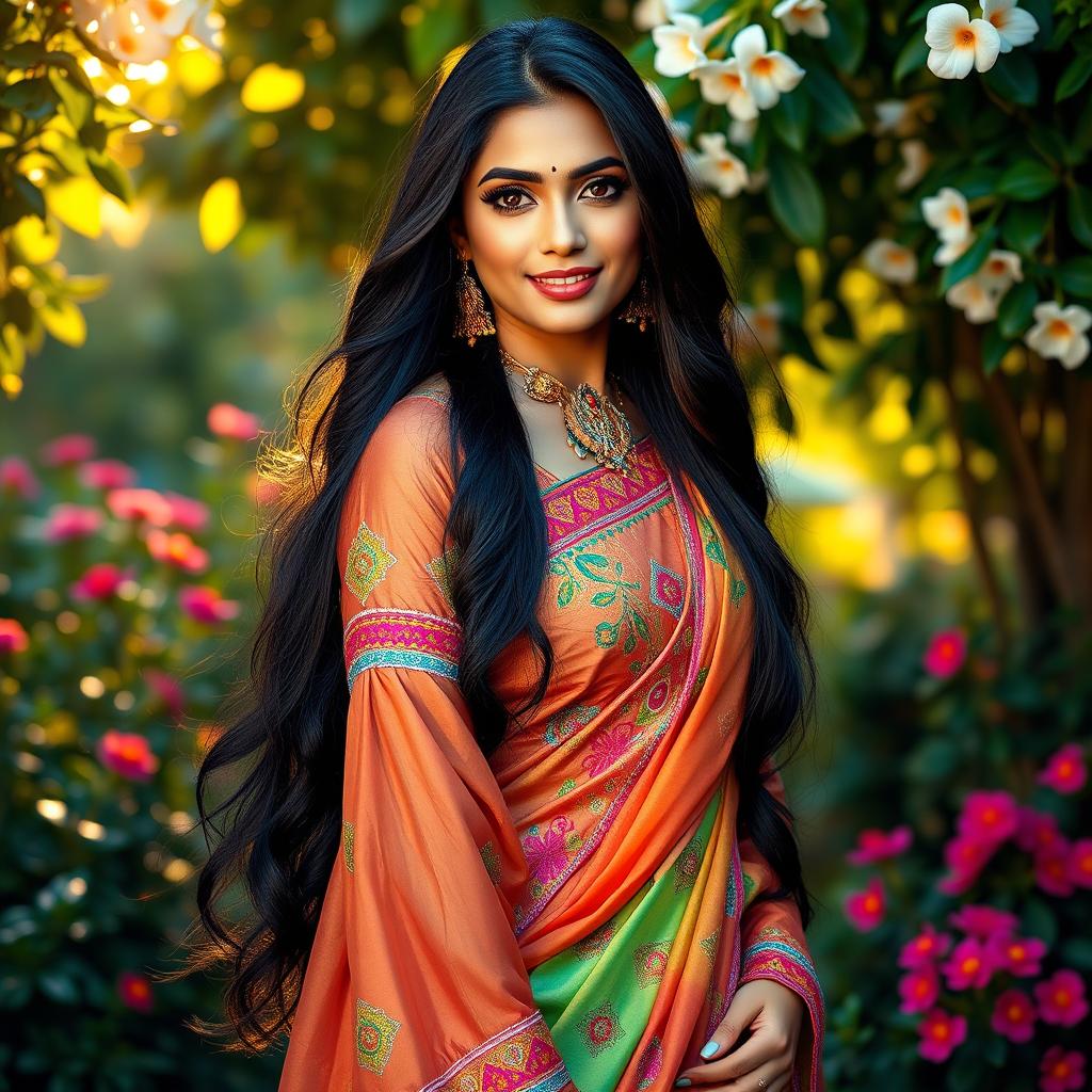 A stunning Indian woman in a vibrant, colorful traditional outfit, featuring intricate embroidery and vibrant patterns, glowing skin, long flowing black hair cascading down her back, striking hazel eyes, and a confident smile