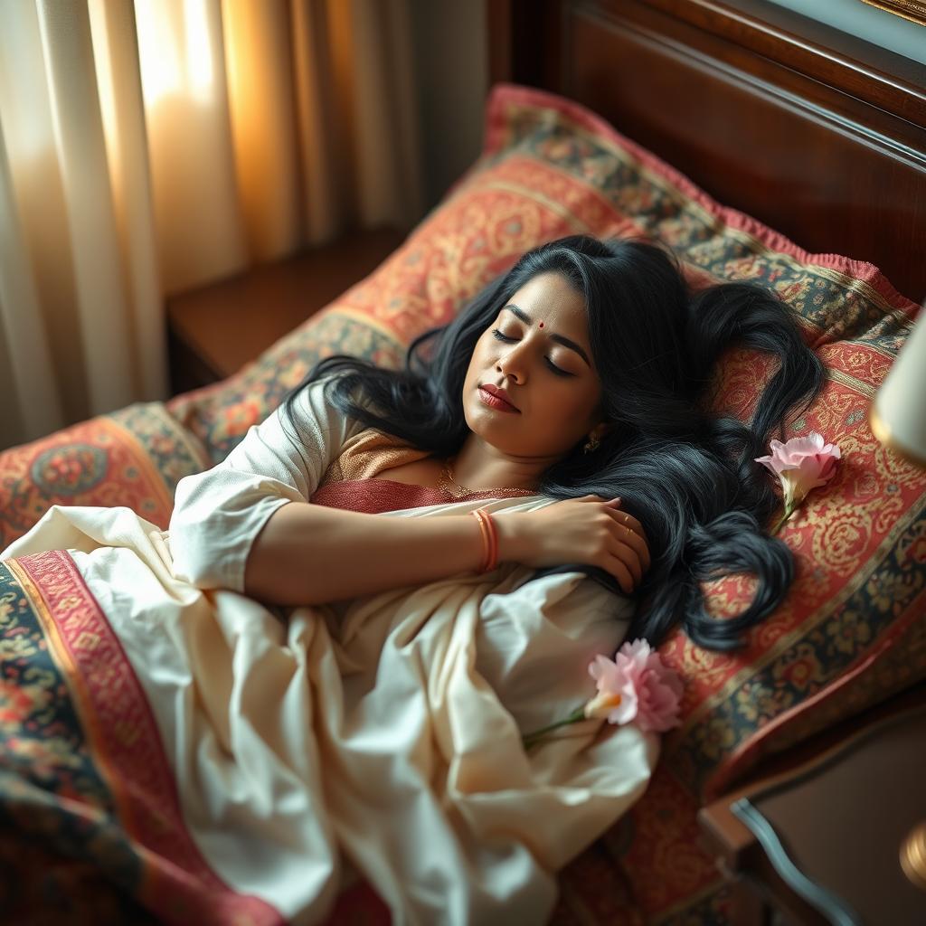 A beautiful Indian woman peacefully sleeping on a plush bed adorned with colorful, intricately patterned textiles