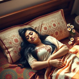 A beautiful Indian woman peacefully sleeping on a plush bed adorned with colorful, intricately patterned textiles