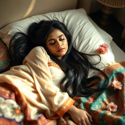 A beautiful Indian woman peacefully sleeping on a plush bed adorned with colorful, intricately patterned textiles