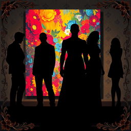 A striking scene featuring four main characters: two male leads and two female leads, all rendered as black shadows, creating a silhouette effect that emphasizes their forms