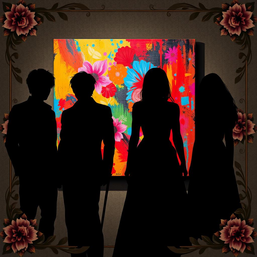 A striking scene featuring four main characters: two male leads and two female leads, all rendered as black shadows, creating a silhouette effect that emphasizes their forms