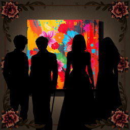 A striking scene featuring four main characters: two male leads and two female leads, all rendered as black shadows, creating a silhouette effect that emphasizes their forms