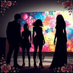 A striking scene featuring four main characters: two male leads and two female leads, all rendered as black shadows, creating a silhouette effect that emphasizes their forms