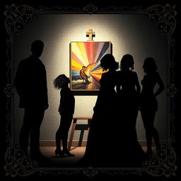 Four main characters positioned dramatically: two male leads and two female leads, all designed as black shadows to create striking silhouettes