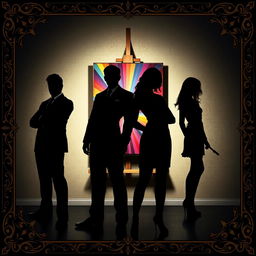 Four main characters positioned dramatically: two male leads and two female leads, all designed as black shadows to create striking silhouettes