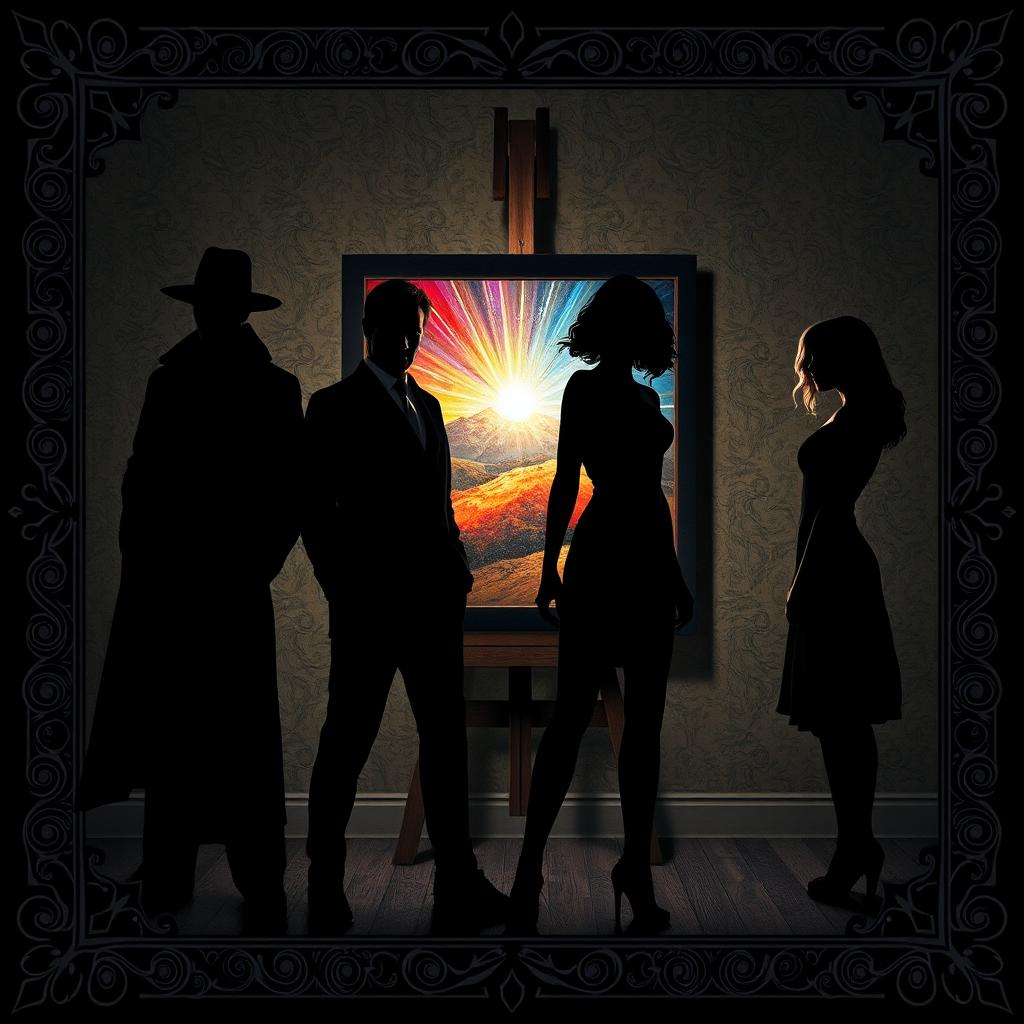 Four main characters positioned dramatically: two male leads and two female leads, all designed as black shadows to create striking silhouettes