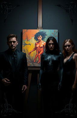 A dramatic scene featuring two male leads and two female leads, all dressed in sleek black outfits that blend into the shadows around them