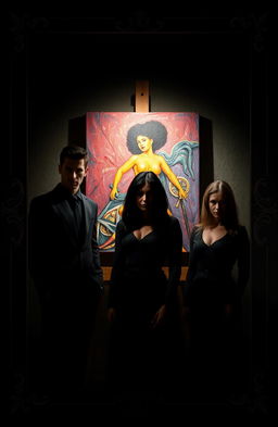 A dramatic scene featuring two male leads and two female leads, all dressed in sleek black outfits that blend into the shadows around them